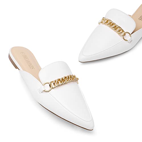 Dream Pairs Womens Flat Mules Buckle Pointed Toe Backless Slip On Slides Loafer Shoes, White-1-8 (Dml211) #TOP2