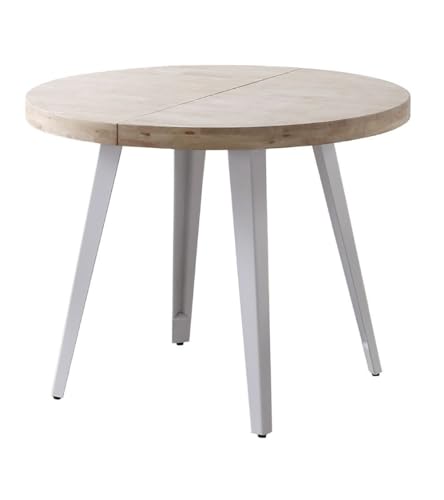 Home Heavenly® - Mesa Comedor Redonda Extensible Estilo Industrial SKADI. Mesa de 100 cm diámetro. 2 tramos extensión a 140 hasta 180 cm. (Roble Nordish - Blanco)