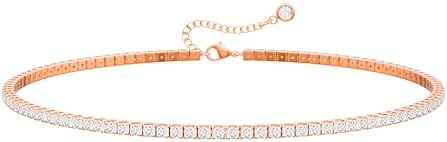 Tewiky Tennis Necklace 14K Gold Plated/Silver Sparking Rhinestone Choker Necklaces Dainty Crystal Cubic Zirconia Bridal Wedding Jewelry for Women