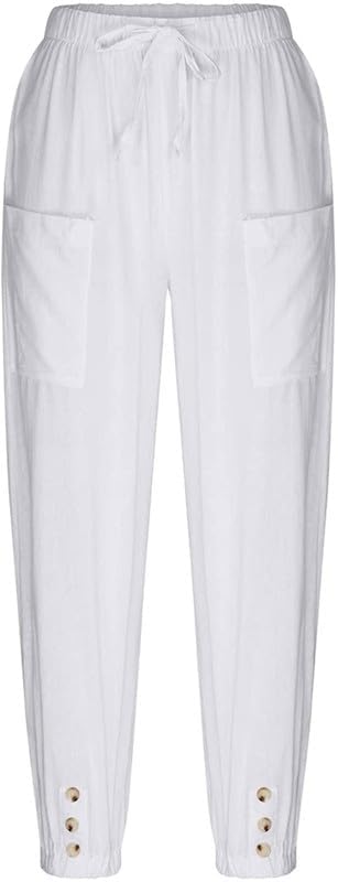 Womens Capri Pants Cotton Linen Cropped Trousers Summer Wide Leg Drawstring High Waist Palazzo Pants with Pockets - Image 5