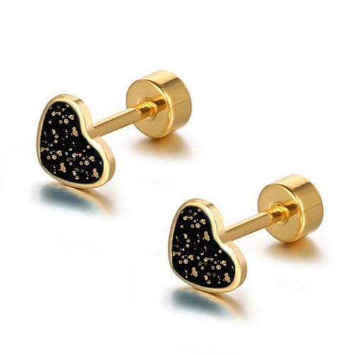 SIXDUTON Pendientes Mujer Tuerca Titanio Forma Corazón Oro 14K Chapado Pequeños Lentejuelas Hipoalergénicos Cartílago Tragus Piercing Oreja Regalos Joyas Joyeria Fiesta (Oro Negro)
