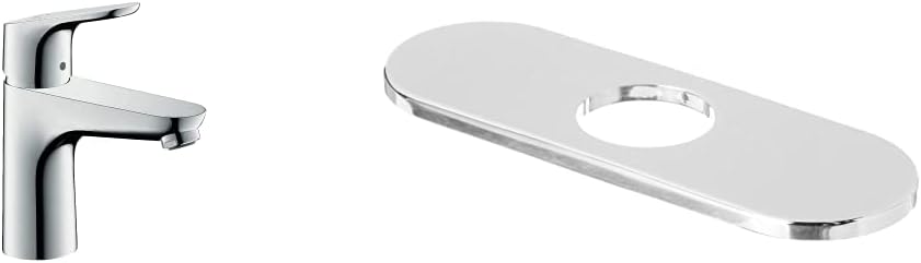 hansgrohe Focus Modern Upgrade Easy Clean 1-Handle 1 7-inch Tall Bathroom Sink Faucet in Chrome, 04371000 and hansgrohe Base Plate for Contemporary Single-Hole Faucets, 6" Upgrade 6-inch Modern Base Plate for Bathtub Faucet in Chrome, 06490000