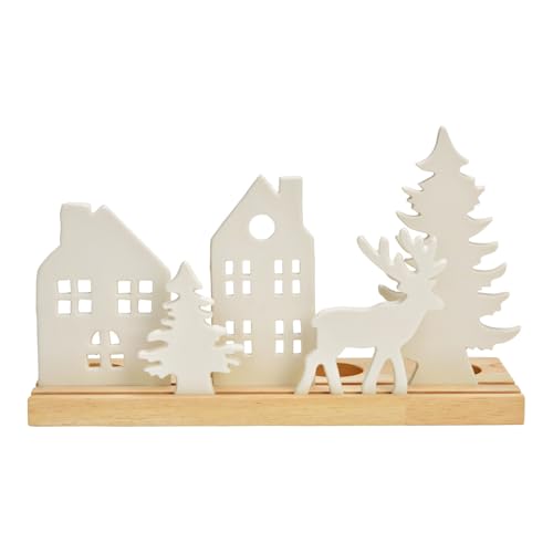 Tea Light Holder Light Strip Winter Village with Deer Made of Porcelain and Wood Oblong Candle Holder Advent Arrangement for Tea Lights Christmas Decoration Christmas Advent Winter Colours: Natural