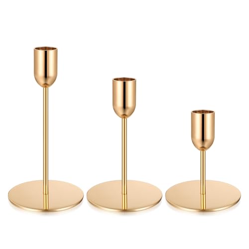3 Stück Kerzenständer Gold, Kerzenhalter Stabkerzenhalter, Kerzenständer Stabkerzen, 15.5/12.5/9.5cm Metall Kerzenleuchter Vintage für Candle Light Dinners Hochzeiten Partys Tisch Deko(Becherform)