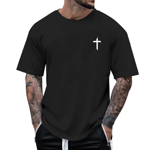 T Shirts for Men Designer Crew Neck Christian Cross Print Short Sleeve Lightweight Breathable Sports Workout Gym Muscle Tees, Black, 5XL