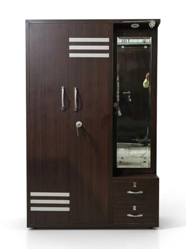 Image of 3-Door Wardrobe with Mirror and Drawers, Dark Walnut Finish | 2 Storage Drawers, Full-Length Mirror, Lockable Doors, Silver Accent Handles, Bedroom Furniture