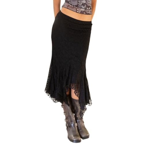 Women Boho Lace Fishtail Midi Skirt Low Rise Solid Bodycon Flowy Asymmetrical Ruffled Hem Mermaid Skirt Summer