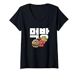 Womens Eating Show Burger Fries Hangul Korean Mukbang ASMR Eating V-Neck T-Shirt