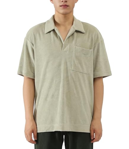 Men's Terry Towel Polo Shirt with Short Sleeve Chest Pocket Casual Unisex Top