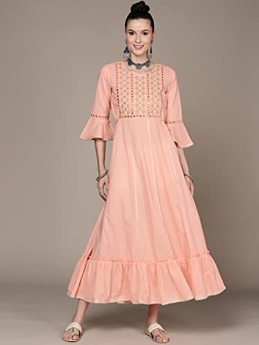 Image of anubhutee Women's Maxi Cotton Lavender Mirror Work Embroidered A-Line Indo Western Dress