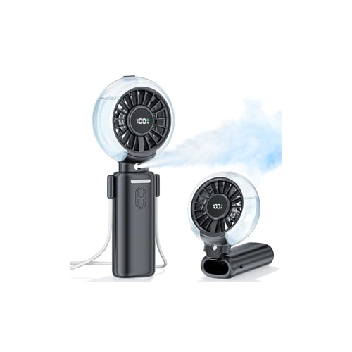 Mini Ventilador Portatil - Ventilador Pequeño USB con Nebulizador, 6000mAh 3-en-1 Ventilador Recargable de Cuello, Mesa y Mano con 100 Velocidades & Pantalla LED, para Viaje Exterior y Camping (Negro)