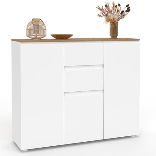 IDMarket - Aparador de 100 cm Toby 3 puertas 2 cajones blanco y bandeja madera