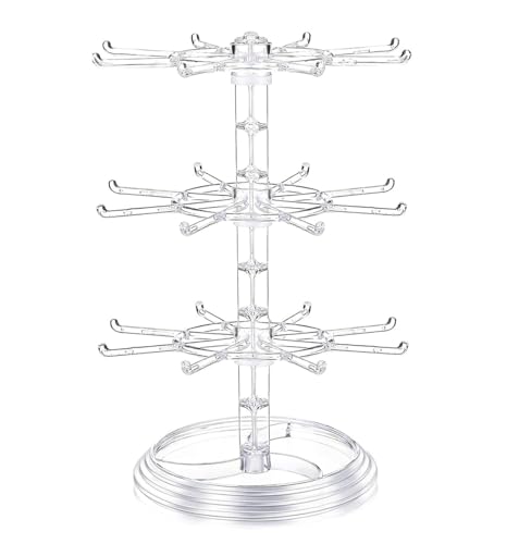 DIFEIUKI ジュエリースタンド 3段 360度回転 透明 大容量 アクセサリースタンド ネックレス ピアス ブレスレット掛け 腕時計 小物 鍵置き トレイ付き キーホルダー 省スペース 卓上 展示収納 店舗 自宅用