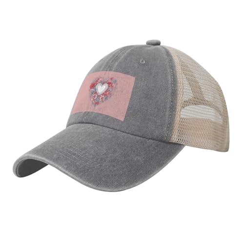 Gorra de béisbol romántica de malla vaquera con estampado de corazón, ajustable, transpirable, para uso diario al aire libre, camping, viajes, gris, Talla única