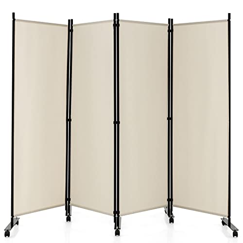 GOPLUS Paravent Pliable à 4 Panneaux, Cloison de Séparation 173 CM avec roulettes, Cadre en Métal, Idéal pour Salon, Salle à Manger, Bureau, Hôpital (Blanc)