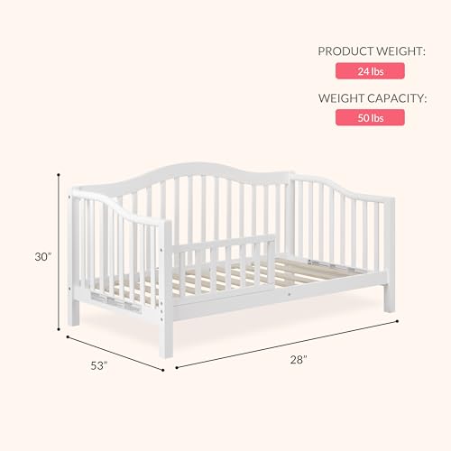 Image of Dream On Me Austin Wooden Toddler Day Bed for Kids, White | GREENGUARD Gold Certified & BSA Verified, Low-to-Floor Design, Removable Safety Guardrail, Solid New Zealand Pinewood