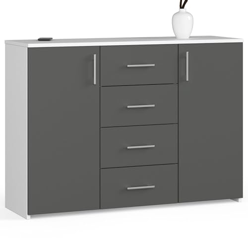 AKORD K45 Commode 110 cm avec 2 portes et 4 tiroirs, pour le salon, la chambre à coucher, 110 x 80 x 35 cm (l x H x P), poids 48,00 kg, blanc/gris graphite