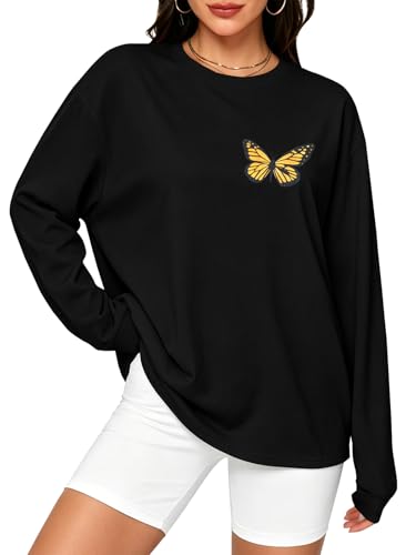 rosemia Oversized Long Sleeve Shirts for Women Crewneck Casual Graphic Tees Loose Workout Tops Black Colorful Butterflies M