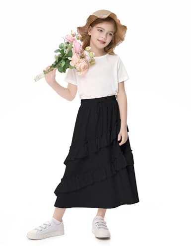 Image of Girls High Waisted Ruffle Maxi Skirt Soft Cotton Long Skirts with Elastic Waistband for Kid Girl 3-12 Years