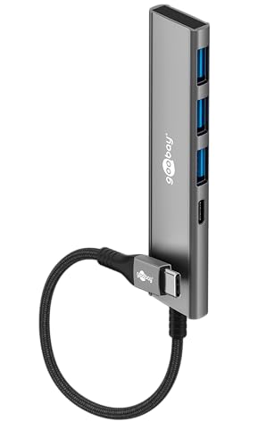 goobay Hub USB 3.2 con 4 Puertos Adaptador Ladron Multipuertos 5Gbps Alta Velocidad, Carcasa de Aluminio, Compatible con iPhone, Android, SSD, Windows/macOS/Linux, 76562