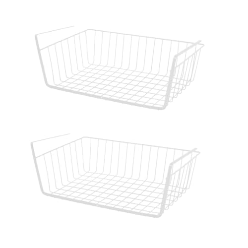 LOLAhome 2 cestas colgantes de almacenamiento para estantes y mesas | Cestas organizadoras de metal para debajo del armario, uso en cocina, despensa, baño, dormitorio, oficina (Blanco, De 40x25x15 cm)