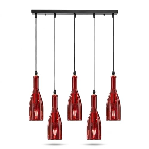 LEDSone Suspension à cinq têtes, mini-lampe suspendue en forme de bouteille de vin en verre bleu, idéale pour une cuisine, un café ou un restaurant (Rouge)