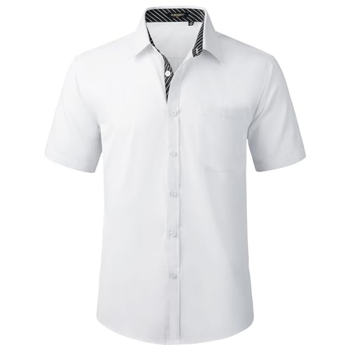 HISDERN Chemise Blanc à Manches Courtes pour Hommes Chemise décontractée d'été Classique à Coupe régulière avec Poches,L