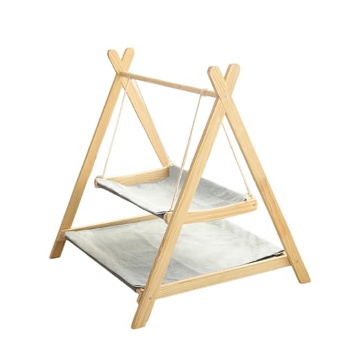 YAKINO ペットハンモック キャットネスト スイング 無垢材 三角形構造 二段ベッド オールシーズン対応 (ライトブルー)