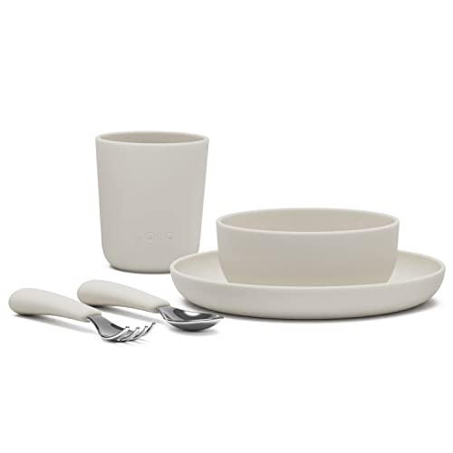 Image of Lalo Big Bites Kids Dinnerware Starter Set - Dishwasher Safe, BPA Free, Kids Tableware Set - Includes Stackable Bowl, Plate, Utensils & Cup - 5 Pieces - Oatmeal