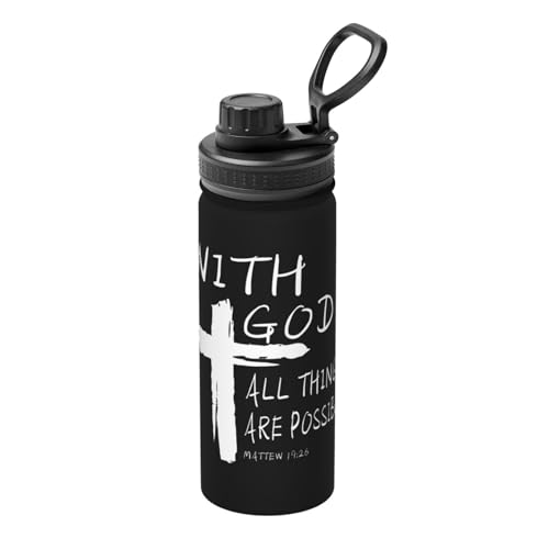 Sports Insulated Water Bottle, With God All Things Are Possible Christian Faith Retro Sports Denim 1 18oz Stainless Steel Sport Cup For Outdoor Home Office