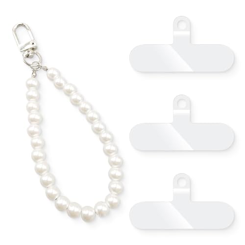 WUMZIRA Cadena para teléfono móvil, colgante universal para teléfono móvil con 3 inserciones transparentes cadena corta para teléfono móvil cadena de perlas