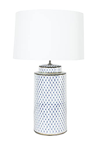Creative Co-Op Ceramic Traditional Table lamp with Linen Shade, White and Light Blue Finish, Coastal Tropical or Traditional Décor