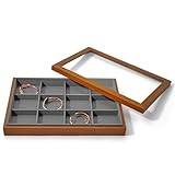 Oirlv ジュエリートレイ 蓋付き 12区画 木製 ジュエリーボックス 大容量 指輪 ネックレス バングル ディスプレイ 収納 透明 高級 おしゃれ 適格請求書に対応 X02504 (ダークグレー)