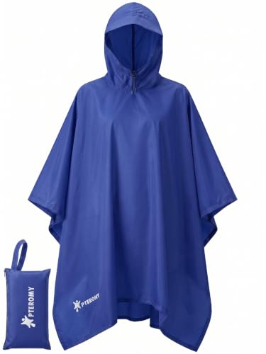 Image of PTEROMY Hooded Rain Poncho for Adult, Waterproof Lightweight Unisex Raincoat for Hiking Camping Emergency