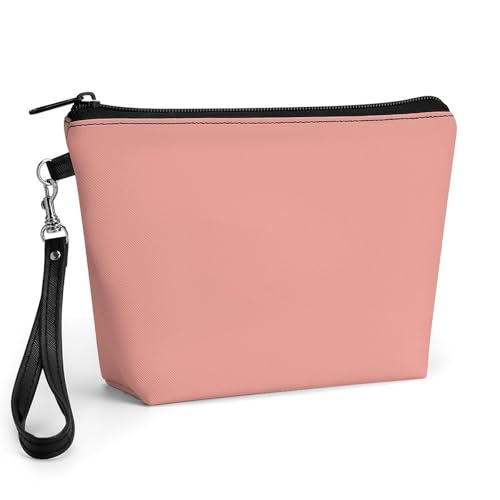 Bolsa de maquillaje coral de piel sintética con asa y cremallera de 8.9 pulgadas