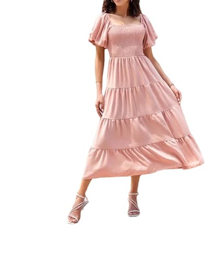 Vestido vintage plisado de manga corta con cuello cuadrado y espalda descubierta para mujer, Pnnrk, S