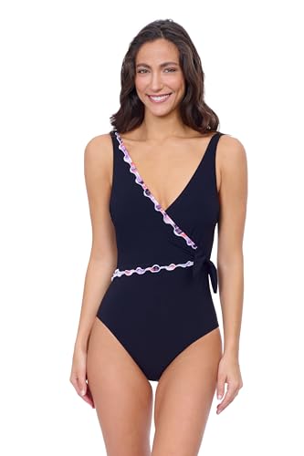 Profile by Gottex Womens Solid Black Tricolore V Neck One-Piece Swimsuit with Surplice Neck Tummy Control Swim Essential