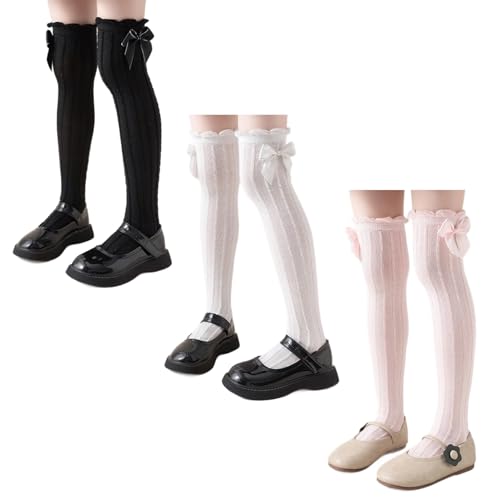 Girls Knee High Socks 3 Pairs - Bow Style Cotton Long Stockings Breathable Soft for Kids 3-12 Years Pink White Black