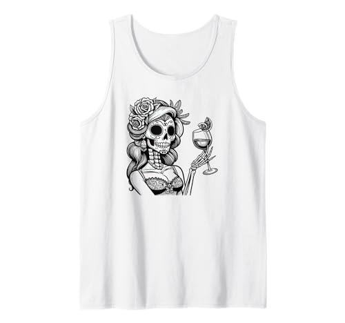 Beber vino De Los Muertos Calavera de Azúcar Día de los Muertos Camiseta sin Mangas