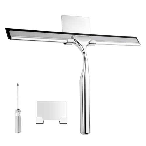 Shower Squeegee, 10 Inch Stainless Steel Window Squeegee, Shower Screen Wiper Squeegee Cleaner Tool with Hook, Shower Screen Wiper for Bathroom,Window,Mirror and Car Glass Cleaning