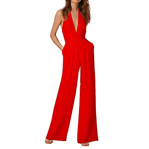 Women's Sleeveless Sexy Deep V Halter Neck Backless Waist Jumpsuit Jumpsuit V Neck Women (RD1, M)