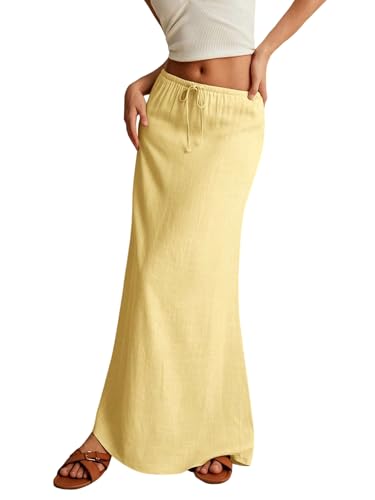 EARKOHA 2025 Women's Summer Maxi Skirt Drawstring Low Waist A Line Linen Long Flowy Skirts Yellow1 S