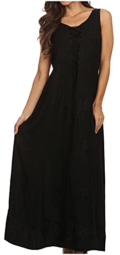 Sakkas 15229 - Stella Long Tank Top Adjustable Caftan Corset Dress with Embroidery - Black - L/XL