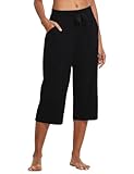 baleaf Women's Wide Leg Capris Yoga Cotton Crop Pockets Summer Capri Sweatpants Loose Lounge Casual Workout Pants Black Size XL