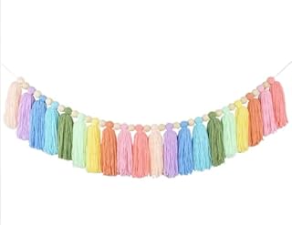 Pastel Coloured Boho Room Decor Tassel Garland | For Home, Office or Classroom | Chic Wall Tassle Decorations | Colourful Rainbow | Ideal for Kids or Nursery Room | Modern Decorative Accessories