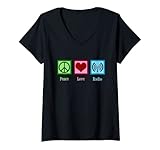 Mujer Peace Love Radio Transmisor Señal DJ Camiseta Cuello V