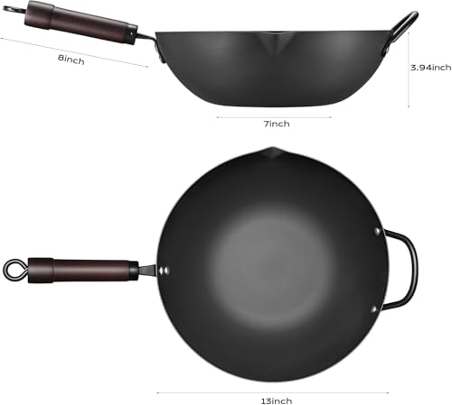 Image of FGJ Wok, 13 Inch Carbon Steel Woks & Stir-fry Pans Nonstick | Pre-Seasoned 5.8QT Flat Bottom Chinese Wok Paella Pan with lid,PFOA /PTFE free Cookware Compatible with All Cooktops