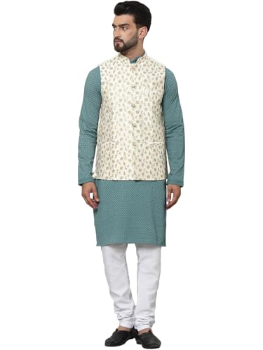 Image of SOJANYA (Since 1958 Men's Pure Cotton Sea Green Kurta and White Pyjama with Embroidered Cream Nehru Jacket