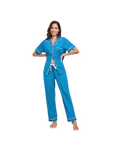 Image of CF Womens 100% Cotton Pajamas Set Button Down Pjs Sets Short Sleeve Top & Long Pants Sleepwear Comfy Loungewear with Pockets