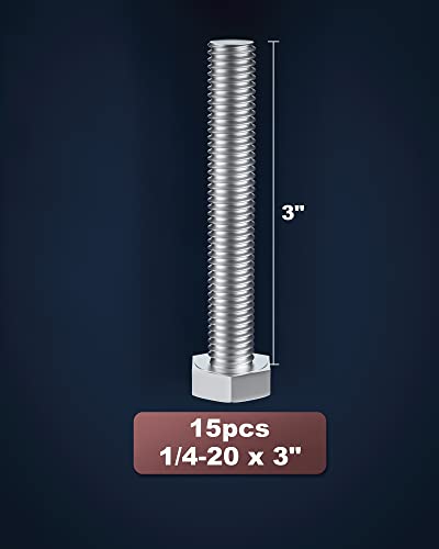 Image of 1 /4-20 x 3 (5 /8 to 5 inch Optional) Hex Head Screw Bolt, Stainless Steel 18-8(304), Fully Threaded,15pcs